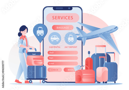 Online service or platform at the airport. Online ordering taxi, booking car rental, safe deposit for the luggage. Young lady pushing trolley with suitcases. Mobile application template. Vector.
