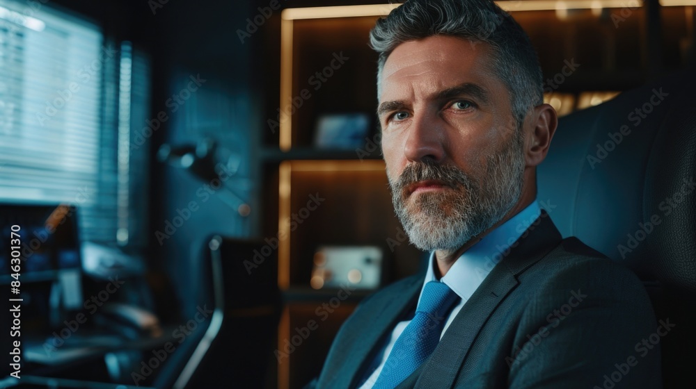 A man in a suit and tie sits in a chair in front of a window
