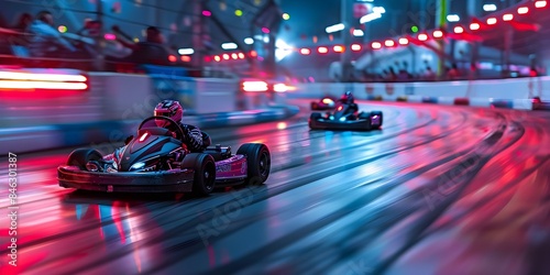 Two gokarts race around track with neon lights illuminating fierce competition. Concept Go-Kart Racing, Neon Lights, Fierce Competition, Adrenaline Rush, Speed Demon photo