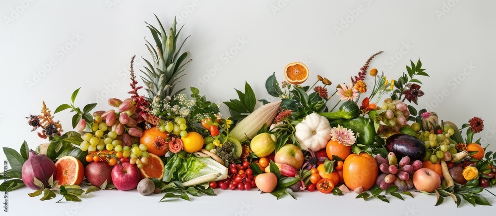 Fruit and vegetable arrangement against a white backdrop. Fruit and vegetable arrangement against a white backdrop.