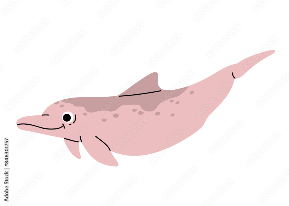 Obraz premium Vector cartoon illustrations of humpback dolphin on a white background. Flat cute icon of dolphin. Underwater world, ocean, underwater inhabitants.
