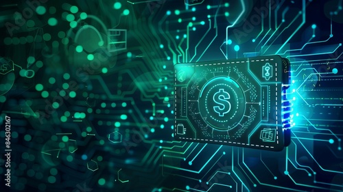 Futuristic digital wallet concept with circuit board and currency symbol, representing online transaction and financial technology.