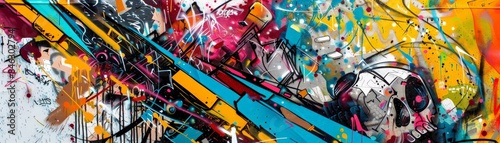 Vibrant abstract graffiti mural featuring bold colors and dynamic shapes, perfect for modern urban aesthetic and street art themes.