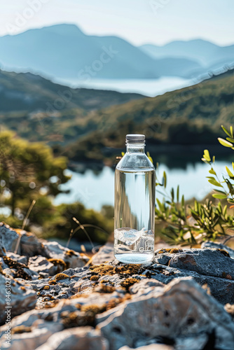 Mockup of a generic mineral glass water bottle placed on a rock in the middle of a natural setting, with mountains in the background, suitable for product promotion or branding photo