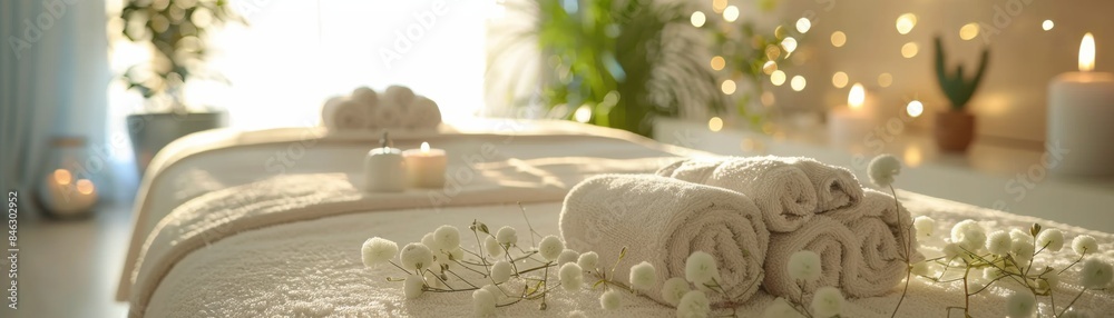 Peaceful spa setting with rolled white towels, candles, and flowers offering a serene ambiance for relaxation and rejuvenation. Peaceful spa setting with rolled white towels, candles, and flowers offering a serene ambiance for relaxation and rejuvenation.