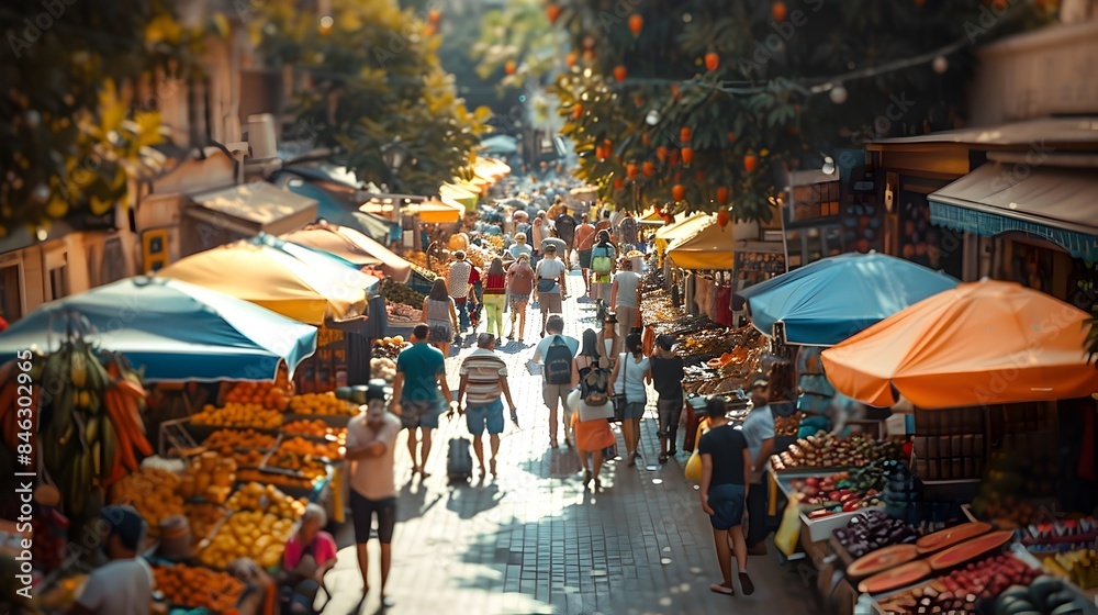 Obraz premium Vibrant Outdoor Market Bustling with Activity on a Sunny Summer Day