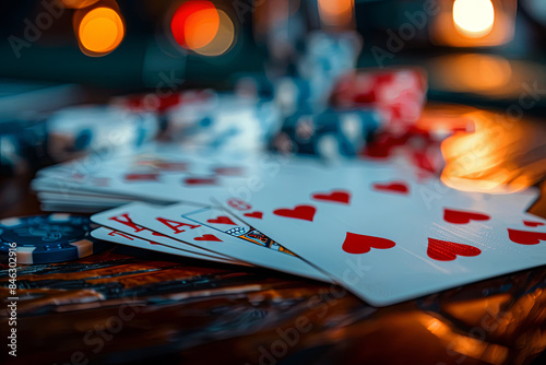 Casino table with playing cards arranged and ready for a game, creating an inviting and exciting atmosphere