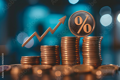 Stacks of coins with a percentage sign, illustrating the concept of interest rates and value appreciation in finance and investments photo