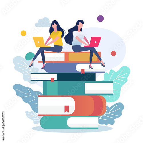 women in casual clothes working on laptop computer while sitting on books. Flat style vector illustration.