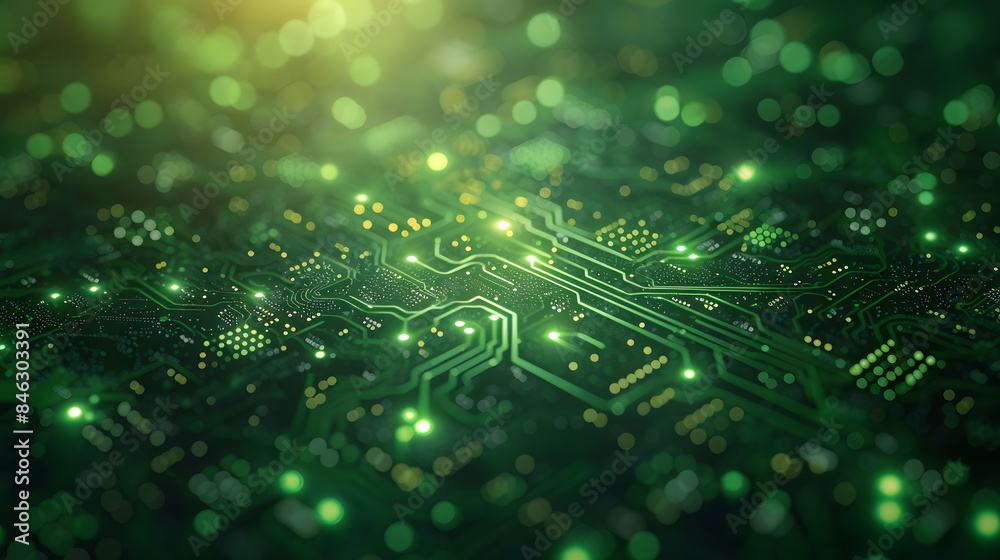 Circuit board with green lights and bokeh symbolizes innovation in electronics and connectivity