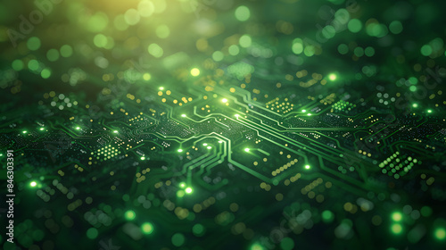 Obraz na płótnie Circuit board with green lights and bokeh symbolizes innovation in electronics and connectivity w salonie
