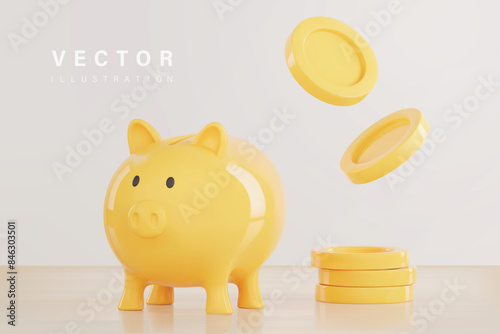 Realistic vector of piggy bank with stack of coin on clean background, Financial and banking about house concept, signifies financial abundance and successful investments.