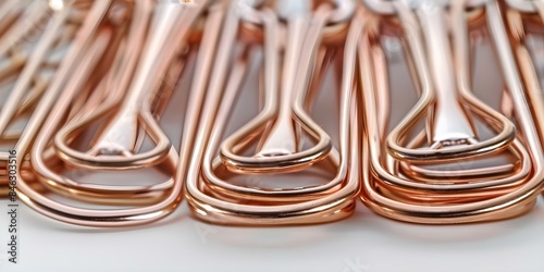 Industrial Copper Materials Close-Up of Copper Paper Clips and Pipes on White Background. Concept Industrial Photography, Copper Materials, Close-Up Shots, White Background, Texture and Detail photo
