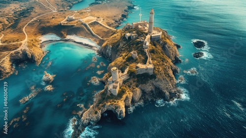 The lighthouse stood tall as a beacon of navigation against the blue sky, its light guiding travelers along the coast, where the beach met the vast ocean, creating a picturesque landscape of nature's 