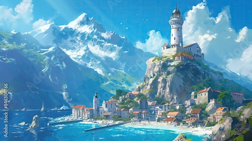 The lighthouse stood tall as a beacon of navigation against the blue sky, its light guiding travelers along the coast, where the beach met the vast ocean, creating a picturesque landscape of nature's 