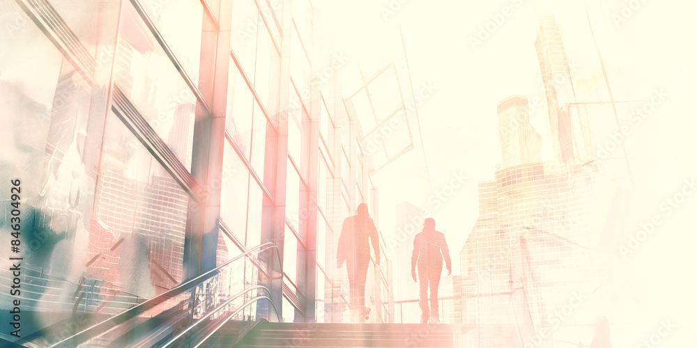 Silhouettes of business people walking in a modern cityscape ...