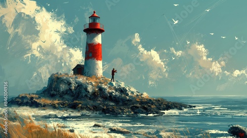 The lighthouse stood tall as a beacon of navigation against the blue sky, its light guiding travelers along the coast, where the beach met the vast ocean, creating a picturesque landscape of nature's 