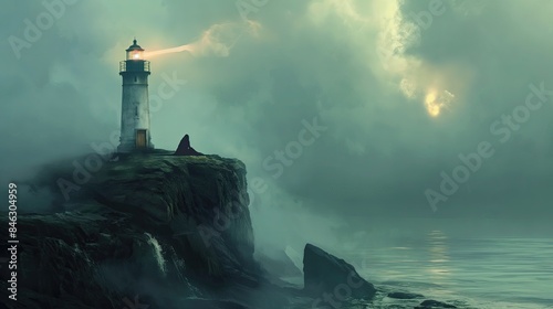 The lighthouse stood tall as a beacon of navigation against the blue sky, its light guiding travelers along the coast, where the beach met the vast ocean, creating a picturesque landscape of nature's 