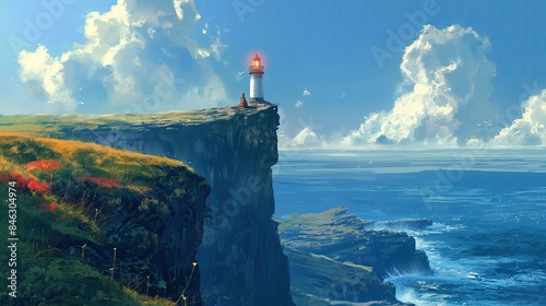 The lighthouse stood tall as a beacon of navigation against the blue sky, its light guiding travelers along the coast, where the beach met the vast ocean, creating a picturesque landscape of nature's 