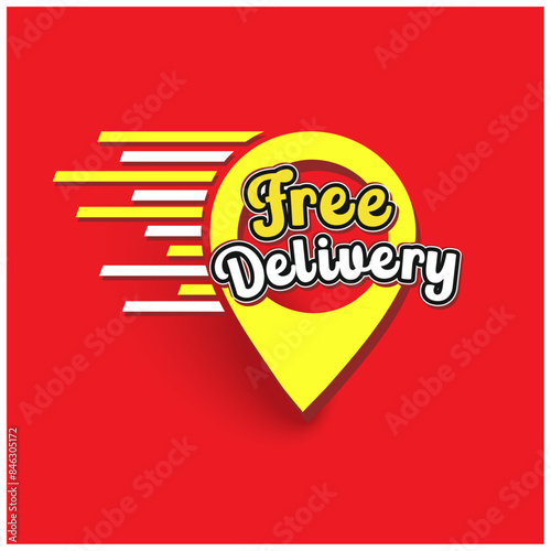 Free Delivery typography with Location Icon. Online Shopping, Fast Delivery, Grocery Delivery, Product Shipping Etc Logo Unit Design Vector