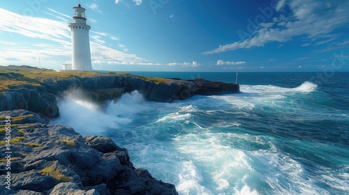 The lighthouse stood tall as a beacon of navigation against the blue sky, its light guiding travelers along the coast, where the beach met the vast ocean, creating a picturesque landscape of nature's 