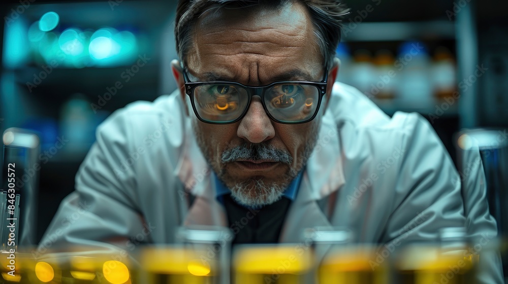A Meticulous Scientist In A Lab Coat, Expertly Working With Test Tubes In A Modern Laboratory A Meticulous Scientist In A Lab Coat, Expertly Working With Test Tubes In A Modern Laboratory