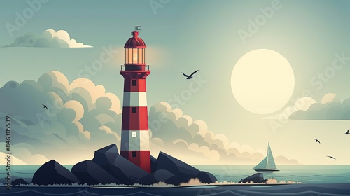 The lighthouse stood tall as a beacon of navigation against the blue sky, its light guiding travelers along the coast, where the beach met the vast ocean, creating a picturesque landscape of nature's 