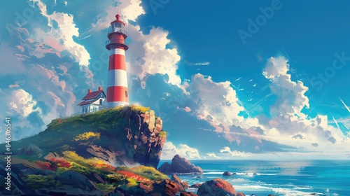 The lighthouse stood tall as a beacon of navigation against the blue sky, its light guiding travelers along the coast, where the beach met the vast ocean, creating a picturesque landscape of nature's 
