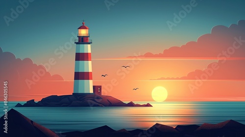 The lighthouse stood tall as a beacon of navigation against the blue sky, its light guiding travelers along the coast, where the beach met the vast ocean, creating a picturesque landscape of nature's 