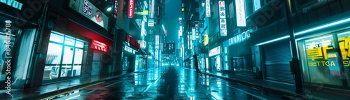 Futuristic cyberpunk cityscape at night with neon lights reflecting on wet streets, creating a moody and atmospheric urban scene. photo