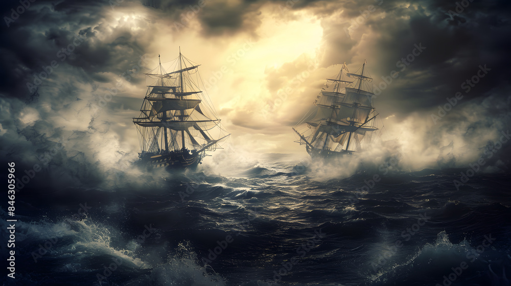 A sailing ship navigates through rough waters, facing the challenges of the stormy sea on its adventurous voyage A sailing ship navigates through rough waters, facing the challenges of the stormy sea on its adventurous voyage