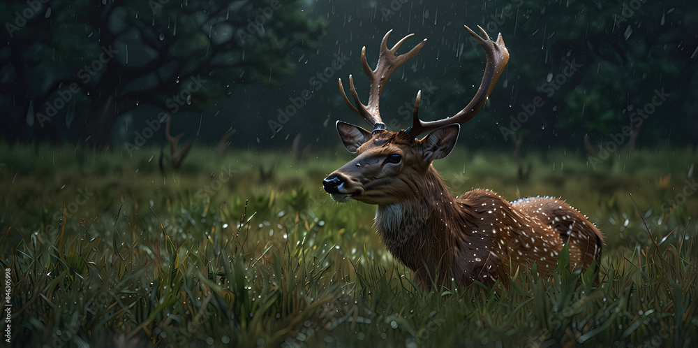 Naklejka premium Deer in the dark forest, wildlife photography