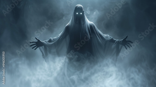 creepy zombie evil spirit with arms out in dark fog background
