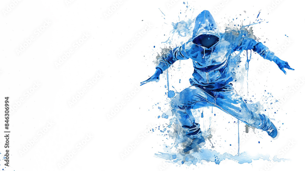 Fototapeta premium Blue watercolor painting of male break dancer performance balanced action