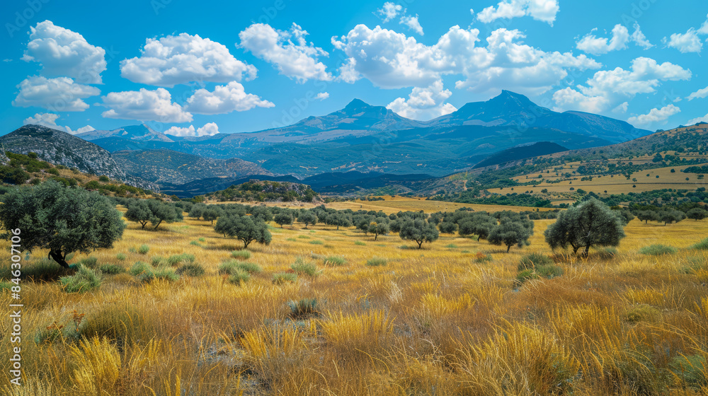 Fototapeta premium Serene Landscape of Wild Olive Groves with Majestic Mountains