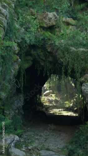 A bear is walking out of a cave photo