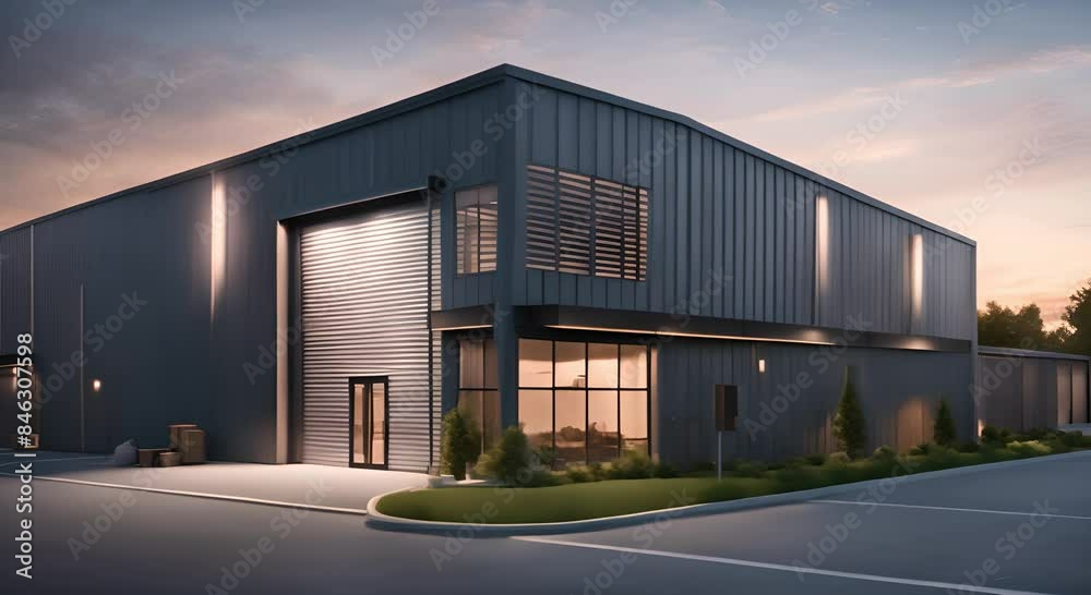 Modern warehouse with steel doors and windows and small office facilities