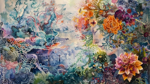 Vibrant surrealistic artwork featuring intricate floral and abstract designs, blending nature and imagination into a colorful landscape.
