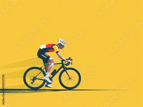 Illustration of a cyclist in racing gear, riding a bicycle against a bright yellow background, depicting speed and athleticism.  © Rumpa