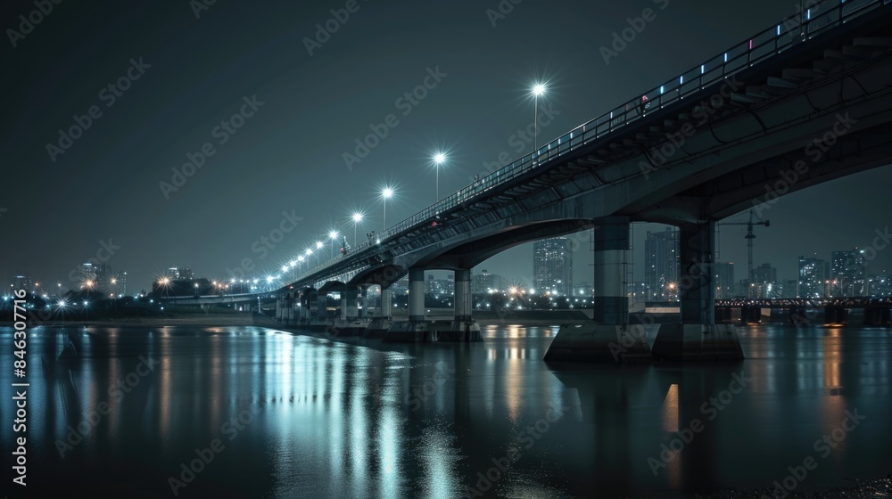 Fototapeta premium A bridge over a river at night with lights shining on it