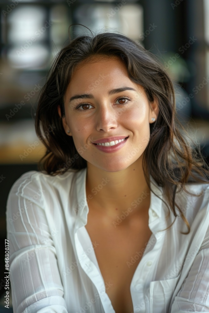 A woman with long brown hair and a white shirt is smiling A woman with long brown hair and a white shirt is smiling
