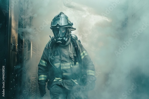 firefighter in full gear emerging from a smoky building © senyumanmu