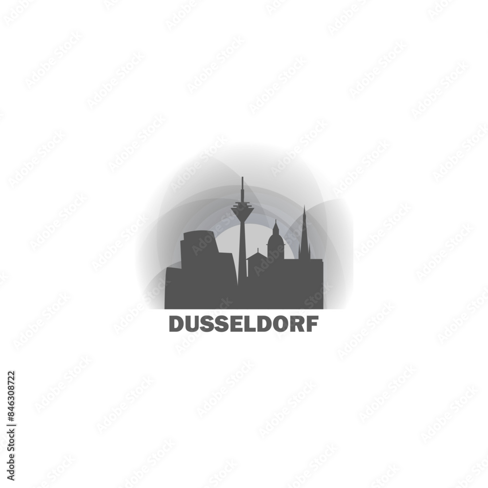 Dusseldorf skyline, downtown panorama logo, logotype. Germany city badge contour, isolated vector pictogram with palace, monuments, landmarks, tower, skyscrapers at sunrise, sunset