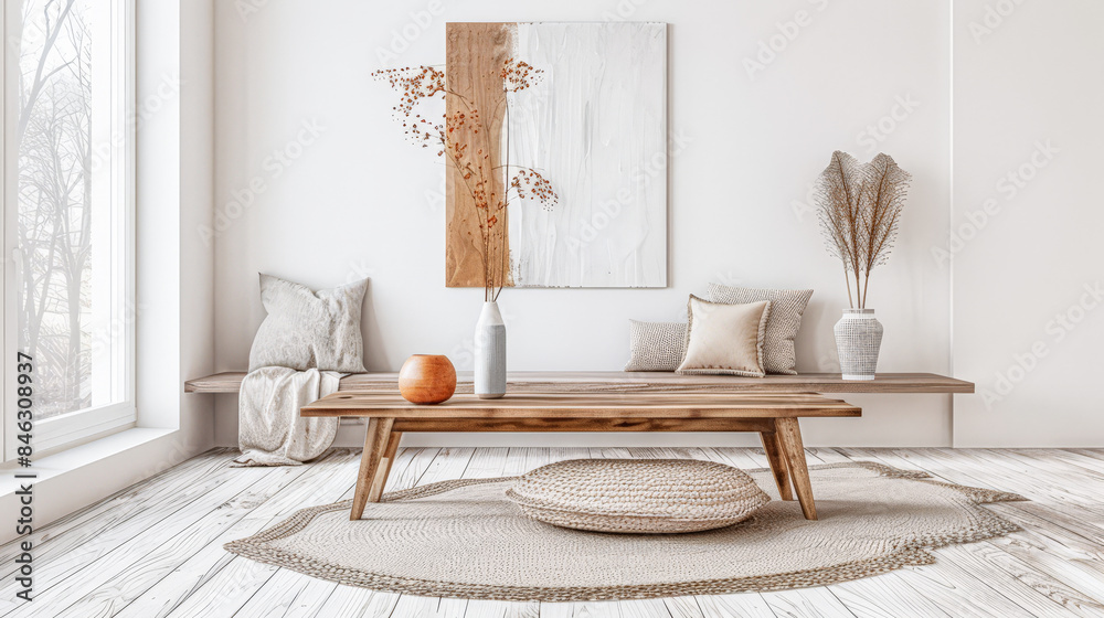 Obraz premium Elegant modern sideboard next to a window in a room bathed with natural lighting. Home interior composition in warm tones.