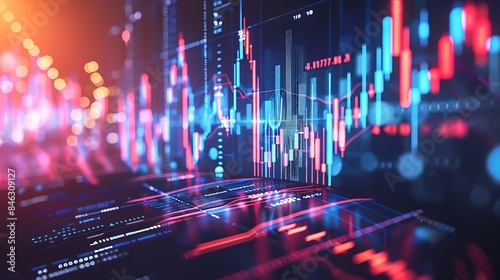 A conceptual image of financial technology with digital graphs and futuristic elements.