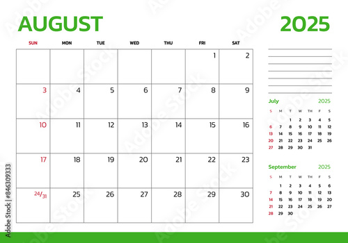 August 2025 Calendar. Week start on Sunday. Desk calendar 2025 design, simple and clean design, Wall calendar for print, digital calendar, Corporate design planner template vector.