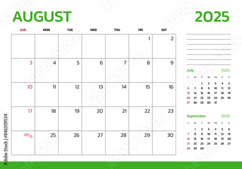 August 2025 Calendar. Week start on Sunday. Desk calendar 2025 design, simple and clean design, Wall calendar for print, digital calendar, Corporate design planner template vector.
