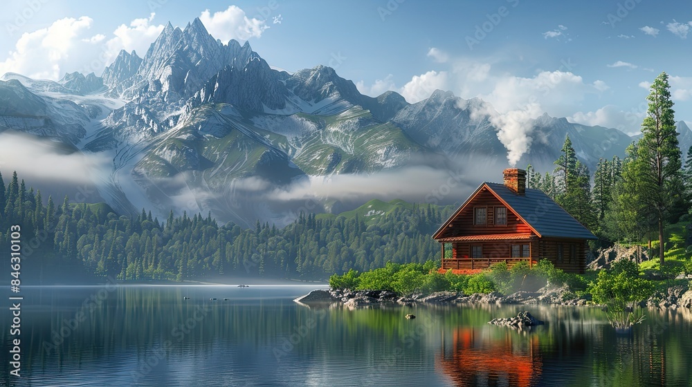 The beautiful landscape featured a serene lake with crystal blue water, surrounded by a lush green forest, providing a stunning nature view perfect for summer travel, with trees reflecting in the calm