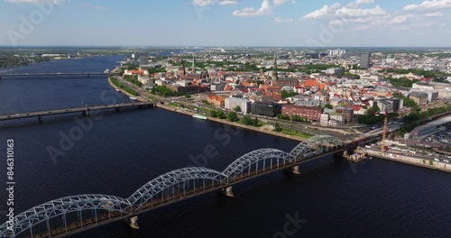 Cinematic Establishing Aerial View Above Daugava River with Riga, Latvia in Background photo