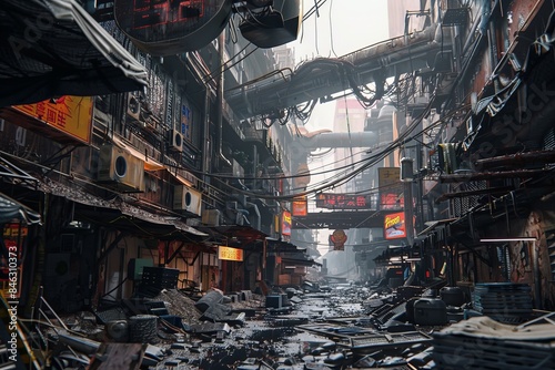 A dystopian urban street scene with dilapidated buildings, debris-strewn roads, and industrial structures under a gloomy sky. photo